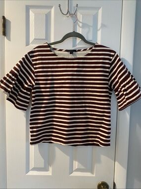 J. Crew Burgundy & White Striped Ruffle-Sleeve Crop Top